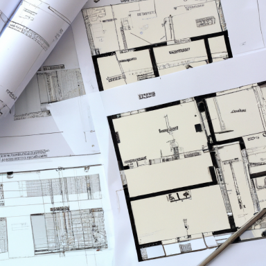 Plans et schémas architecturaux sur une table, avec un crayon à côté.