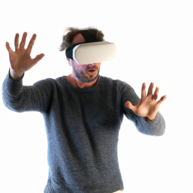 Homme portant un casque de réalité virtuelle, les mains levées, exprimant de l'étonnement.
