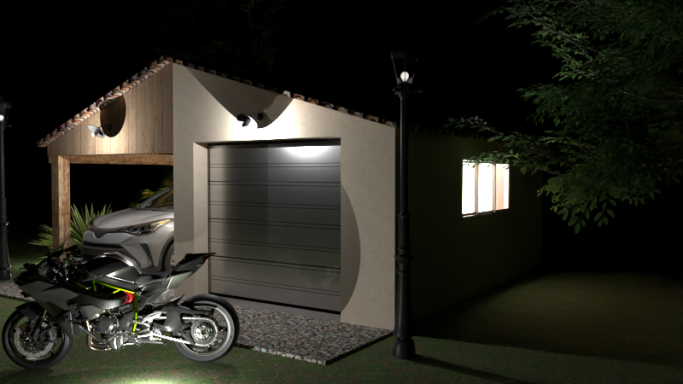 Garage éclairé la nuit avec une moto garée devant.